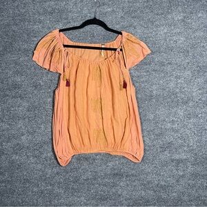 Free People Womens Medium Pukka Tassle Embroidered Linen Trim Short Sleeve Top